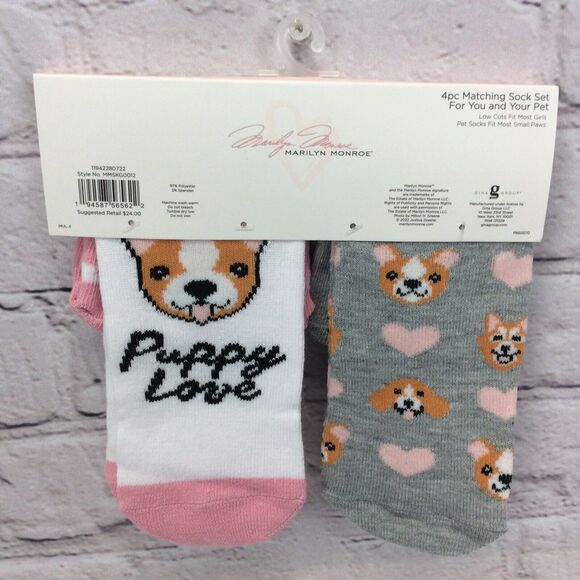 Marilyn Monroe Girls & Matching Pet Socks OSFM 4 Pair Set Low Cut Puppy Love NWT - Picture 2 of 6